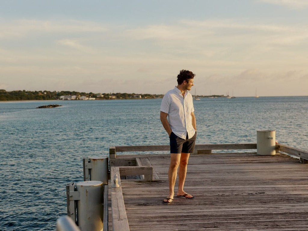 Man wearing Sun Farer shirt with Camp shirt layering over it.