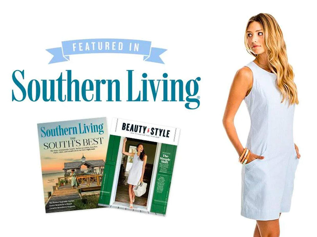Southern Living logo next to woman in seersucker blue shift dress.
