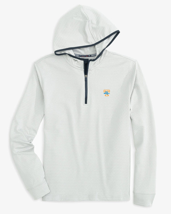 The front view of the Tennessee Vols Scuttle Heather Performance Quarter Zip Hoodie by Southern Tide - Heather Slate Grey
