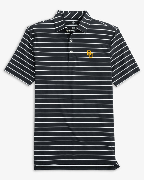 The front view of the Baylor Bears Brreeze Desmond Stripe Performance Polo by Southern Tide - Black
