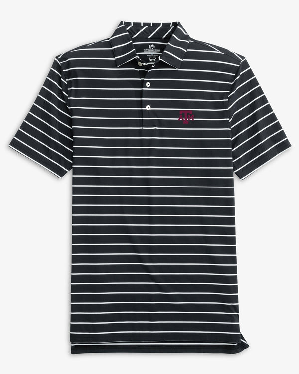 The front view of the Texas A&M Aggies Brreeze Desmond Stripe Performance Polo by Southern Tide - Black