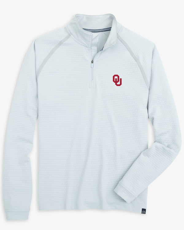 The front view of the Oklahoma Sooners Scuttle Heather Quarter Zip by Southern Tide - Heather Slate Grey