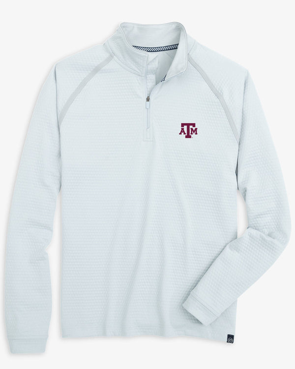 The front view of the Texas A&M Aggies Scuttle Heather Quarter Zip by Southern Tide - Heather Slate Grey