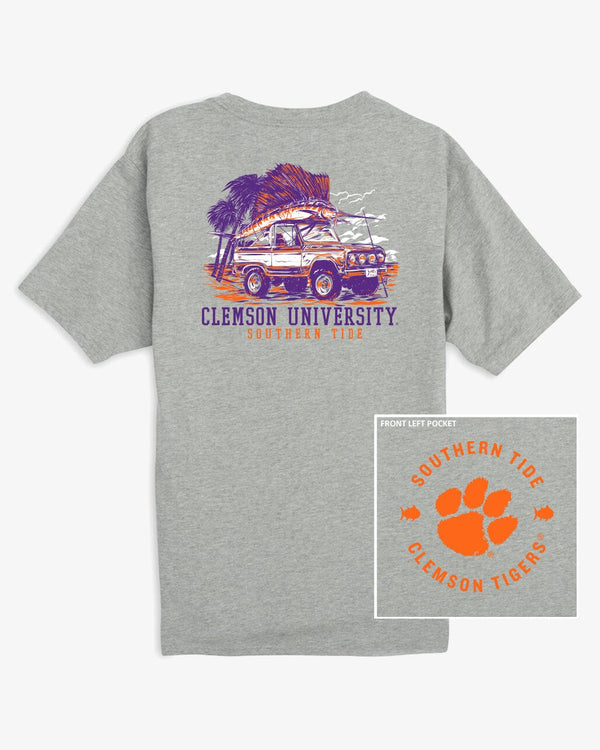 The front view of the Clemson Tigers Trophy Catch Heather T-Shirt by Southern Tide - Heather Grey