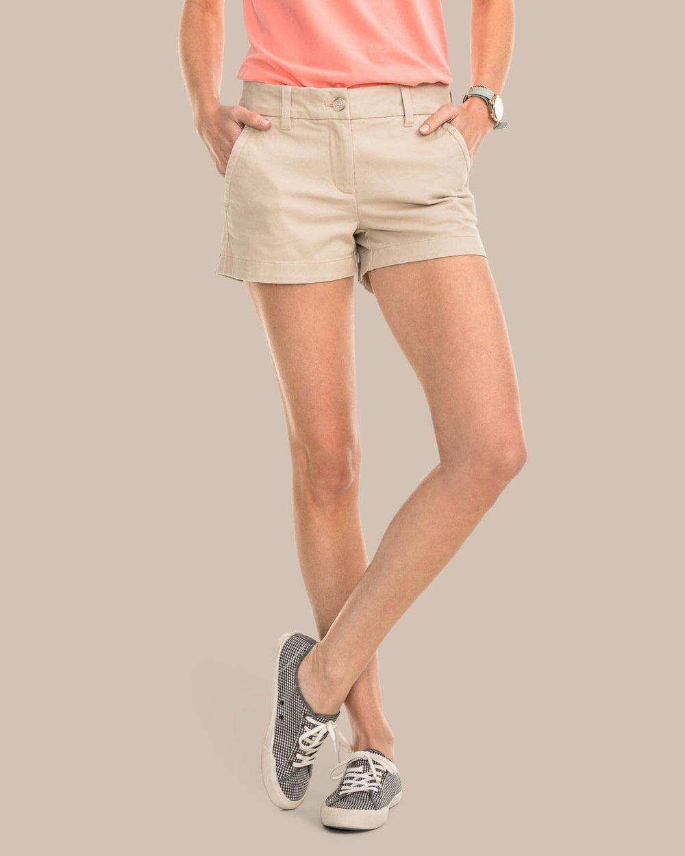 The front view of the Women's Khaki 3 Inch Leah Short by Southern Tide - Driftwood Khaki