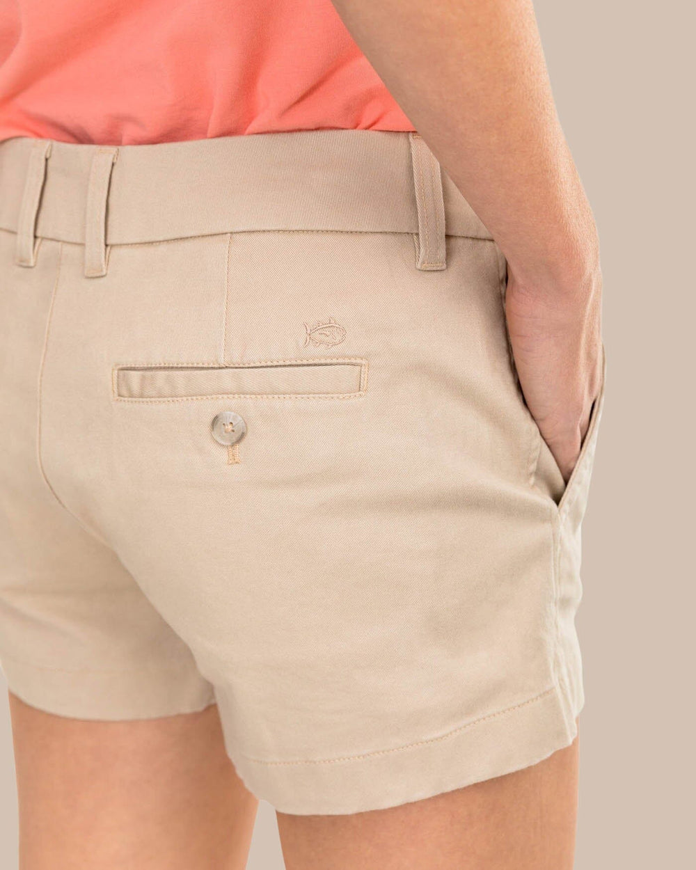 The pocket view of the Women's Khaki 3 Inch Leah Short by Southern Tide - Driftwood Khaki