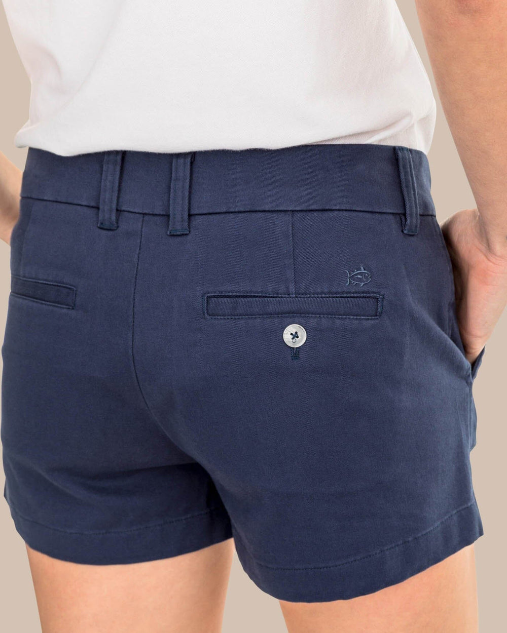 The pocket view of the Women's Navy 3 Inch Leah Short by Southern Tide - Nautical Navy