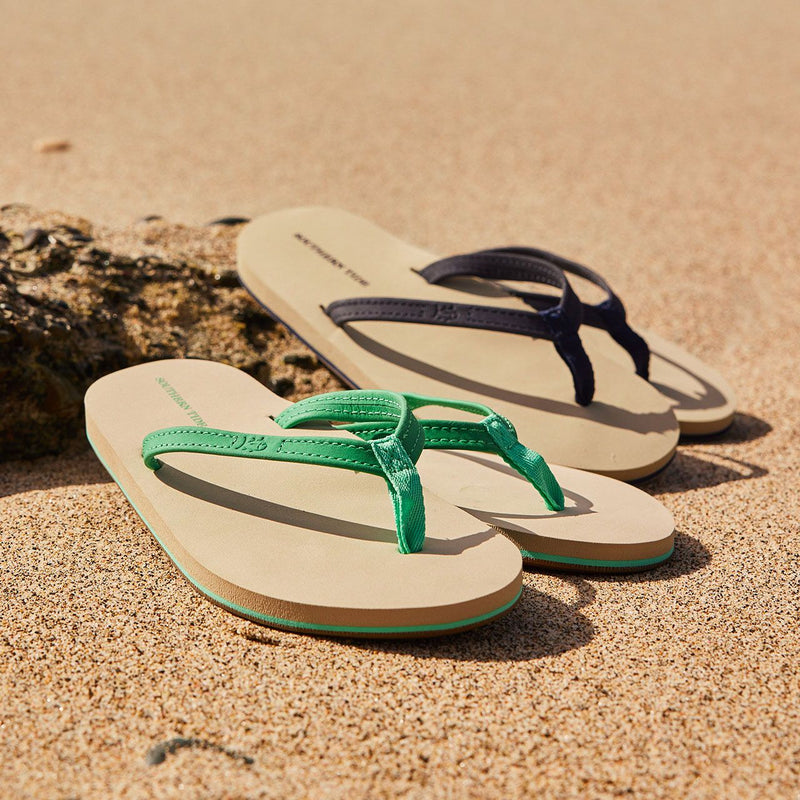 women's flip flops laying on the sand