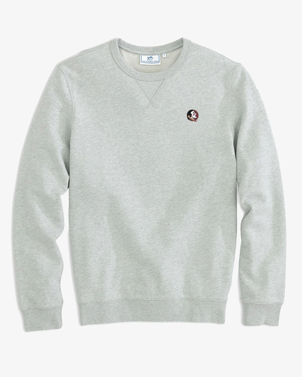 The front view of the FSU Upper Deck Pullover Sweatshirt by Southern Tide - Heather Slate Grey