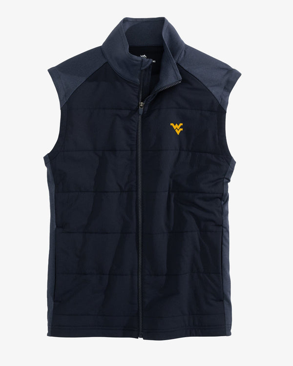 The front view of the West Virginia Mountaineers Vest by Southern Tide - Heather Navy