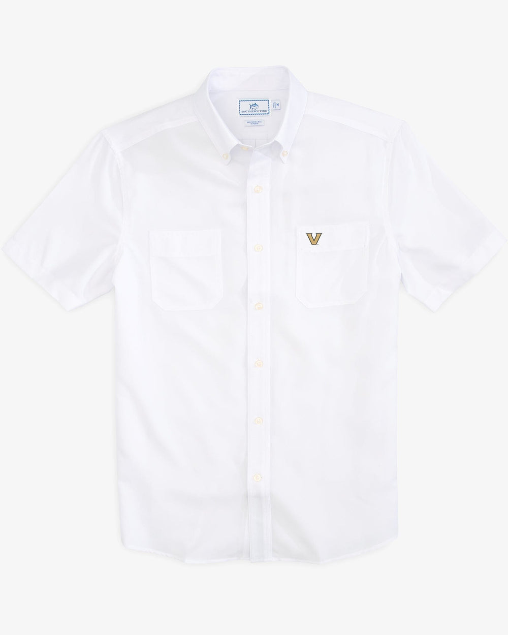 The front view of the Vanderbilt Commodores Short Sleeve Button Down Dock Shirt by Southern Tide - Classic White