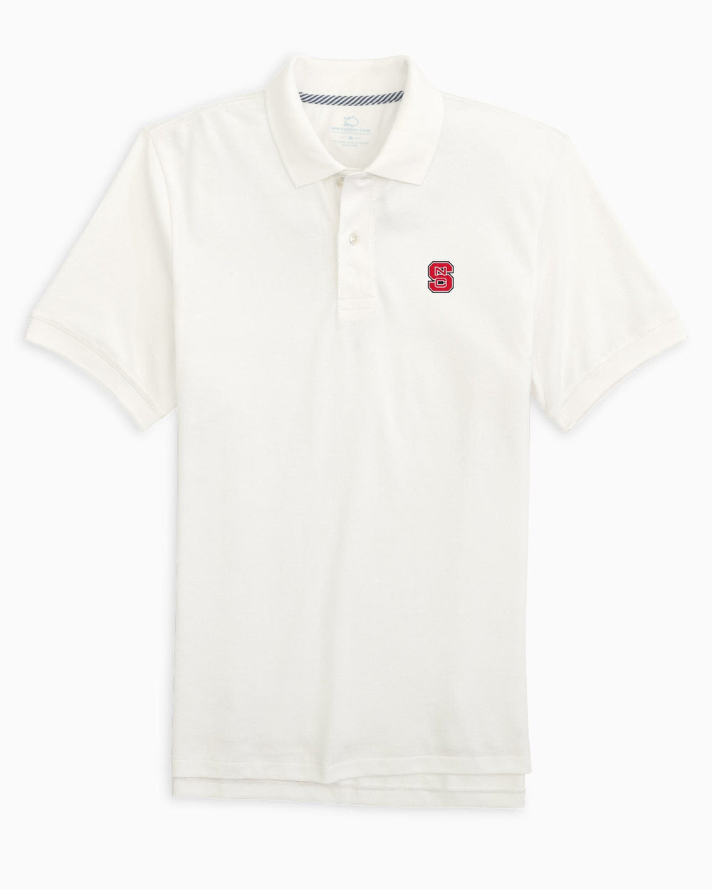 The front view of the NC State Wolfpack New Short Sleeve Skipjack Polo by Southern Tide - Classic White