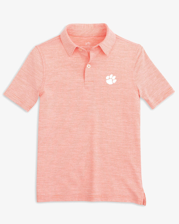 The front view of the Clemson Tigers Boys Driver Spacedye Performance Polo Shirt by Southern Tide - Endzone Orange