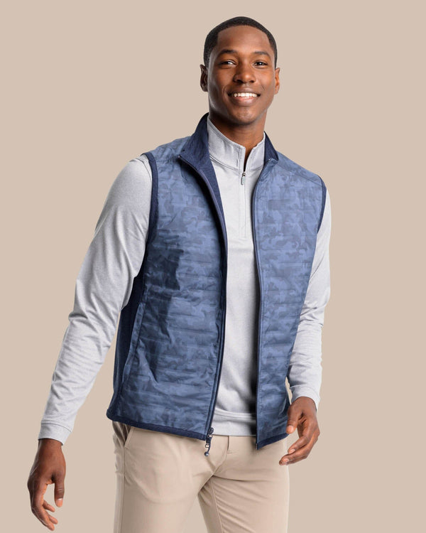 The front view of the Abercorn Camo Performance Vest by Southern Tide - True Navy