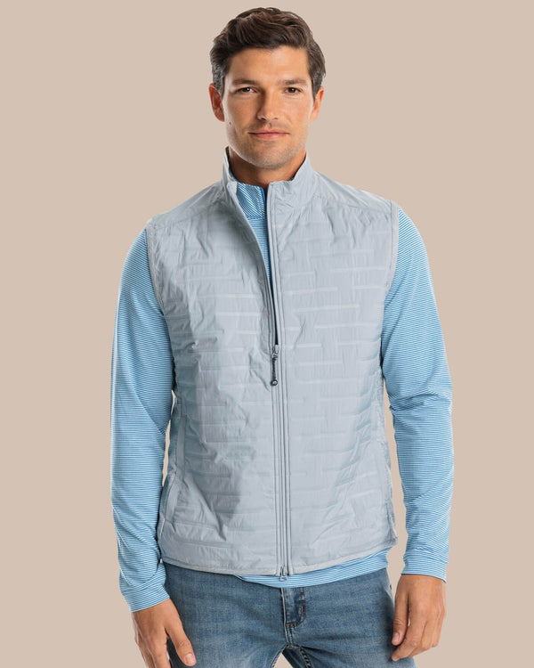 The model front view of the Men's Abercorn Performance Vest by Southern Tide - Gravel Grey