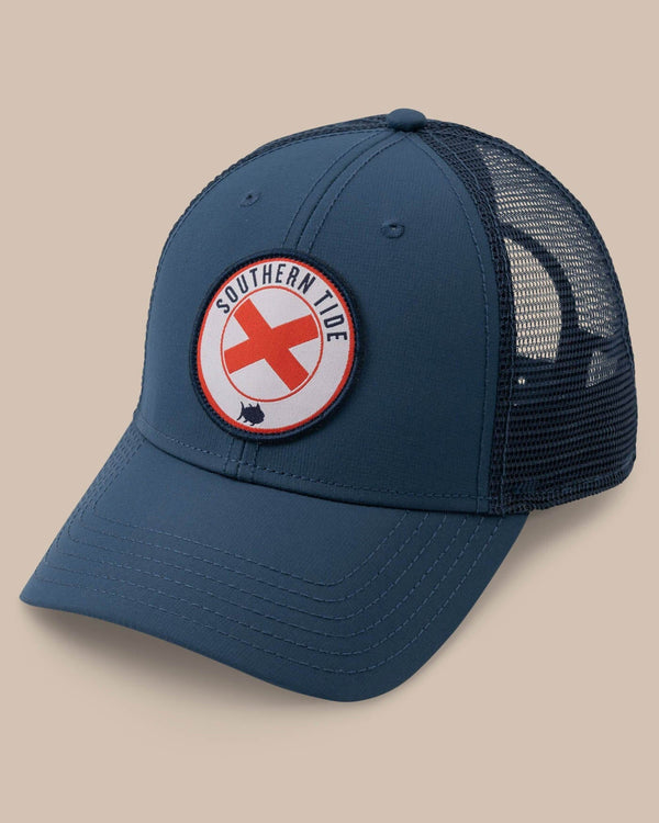 The front view of the Men's Alabama Patch Performance Trucker Hat by Southern Tide - Seven Seas Blue