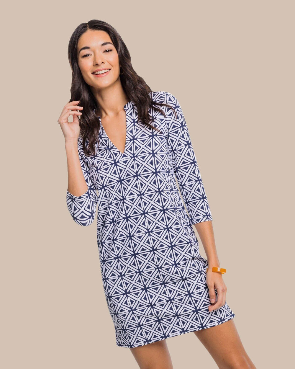 The front view of the Southern Tide Alicia Painted Geo Performance Dress by Southern Tide - Nautical Navy