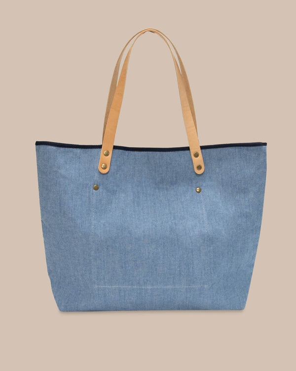 The back view of the All Day Denim Tote by Southern Tide - Navy