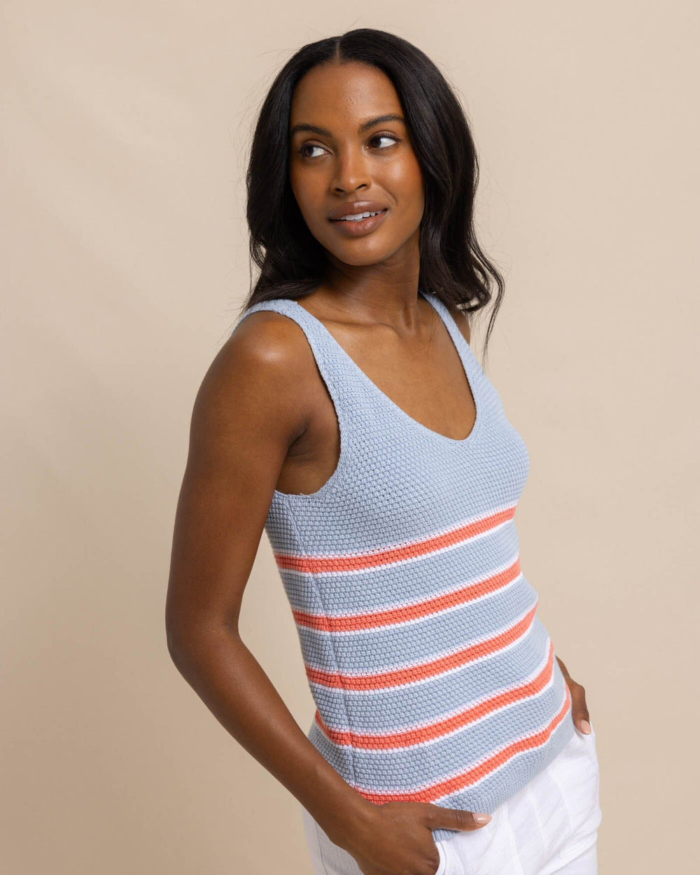 The front view of the Southern Tide Alli Striped Sweater Tank by Southern Tide - Subdued Blue