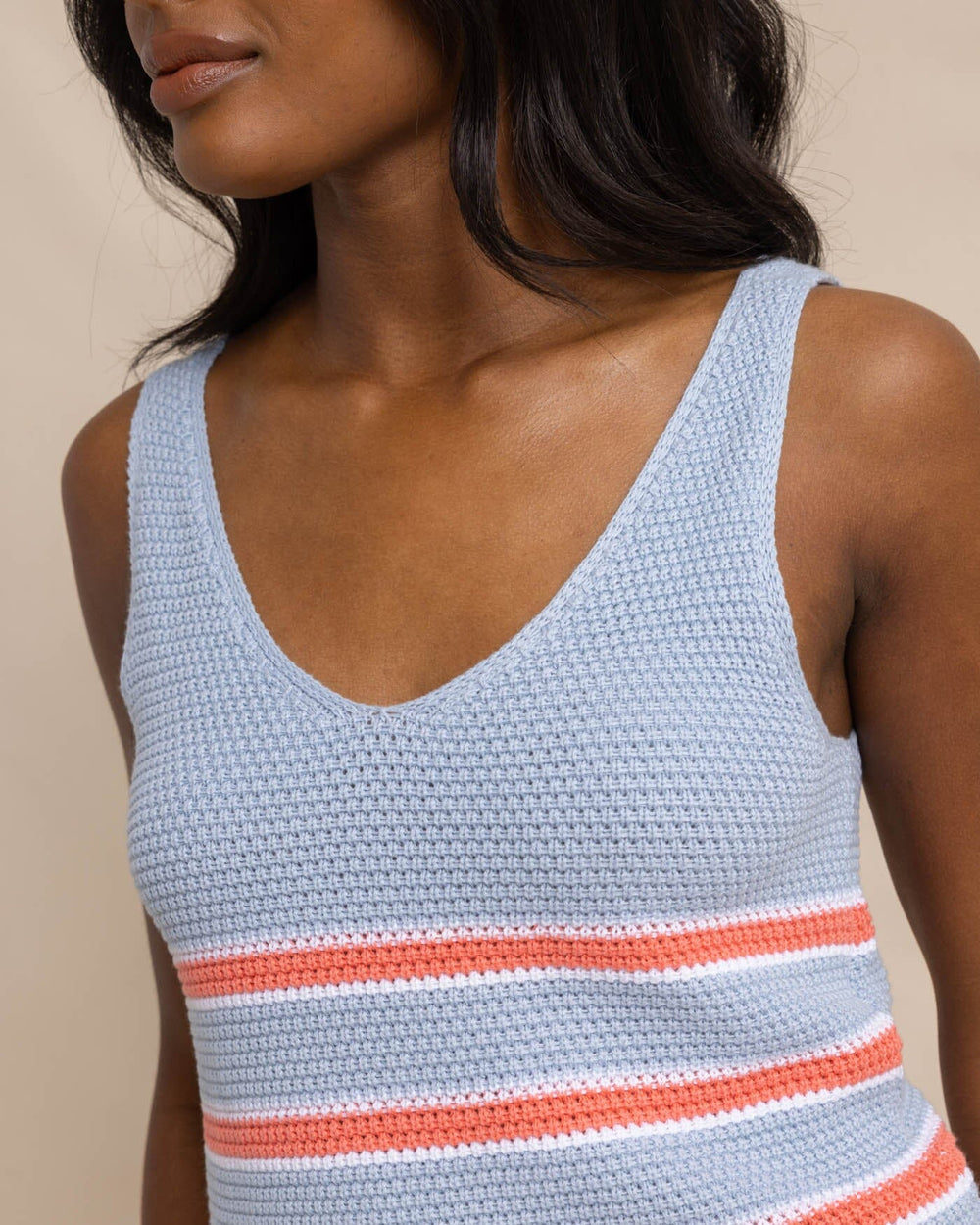 The detail view of the Southern Tide Alli Striped Sweater Tank by Southern Tide - Subdued Blue