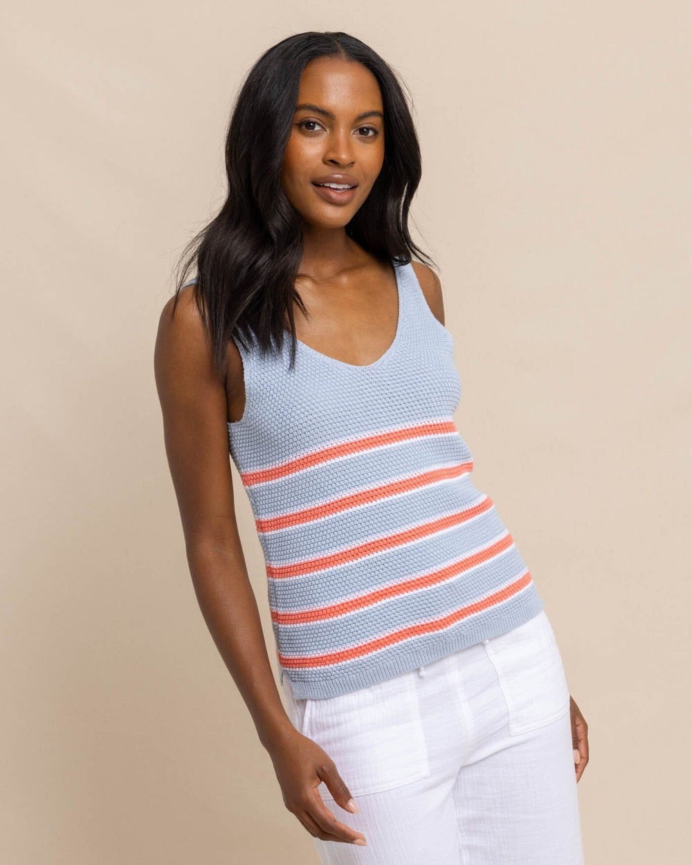The front view of the Southern Tide Alli Striped Sweater Tank by Southern Tide - Subdued Blue