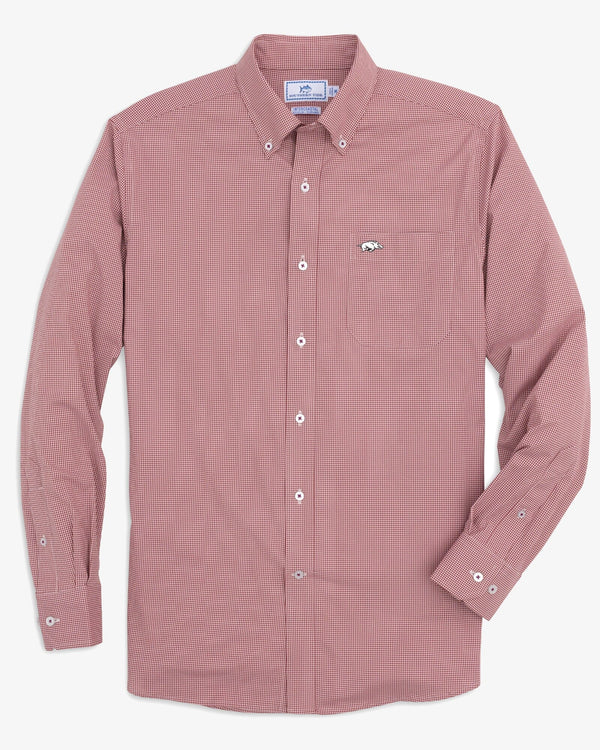 The front view of the Arkansas Razorbacks Gingham Button Down Shirt by Southern Tide - Crimson