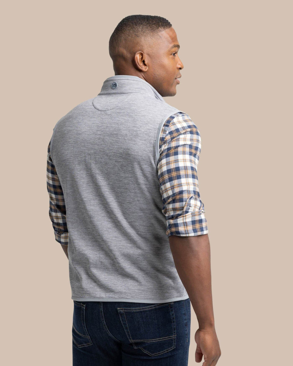 The back view of the Southern Tide Baybrook Heather Vest by Southern Tide - Heather Ultimate Grey