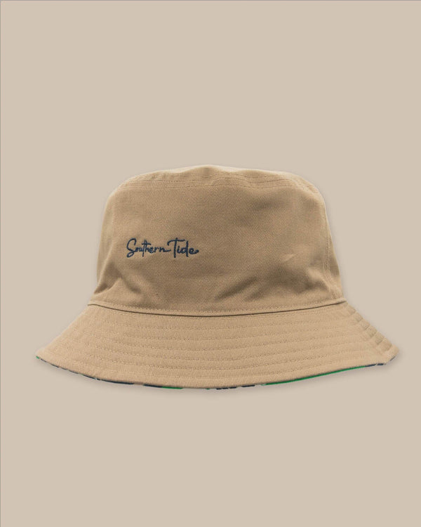 The front view of the Southern Tide Beach Blooms Bucket Hat by Southern Tide - Khaki