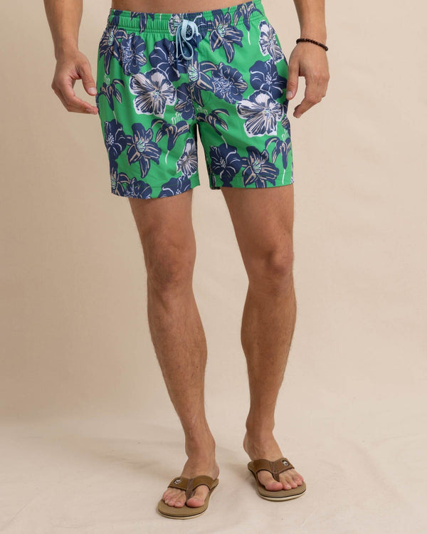 The front view of the Southern Tide Beach Blooms Swim Trunk by Southern Tide - Lawn Green