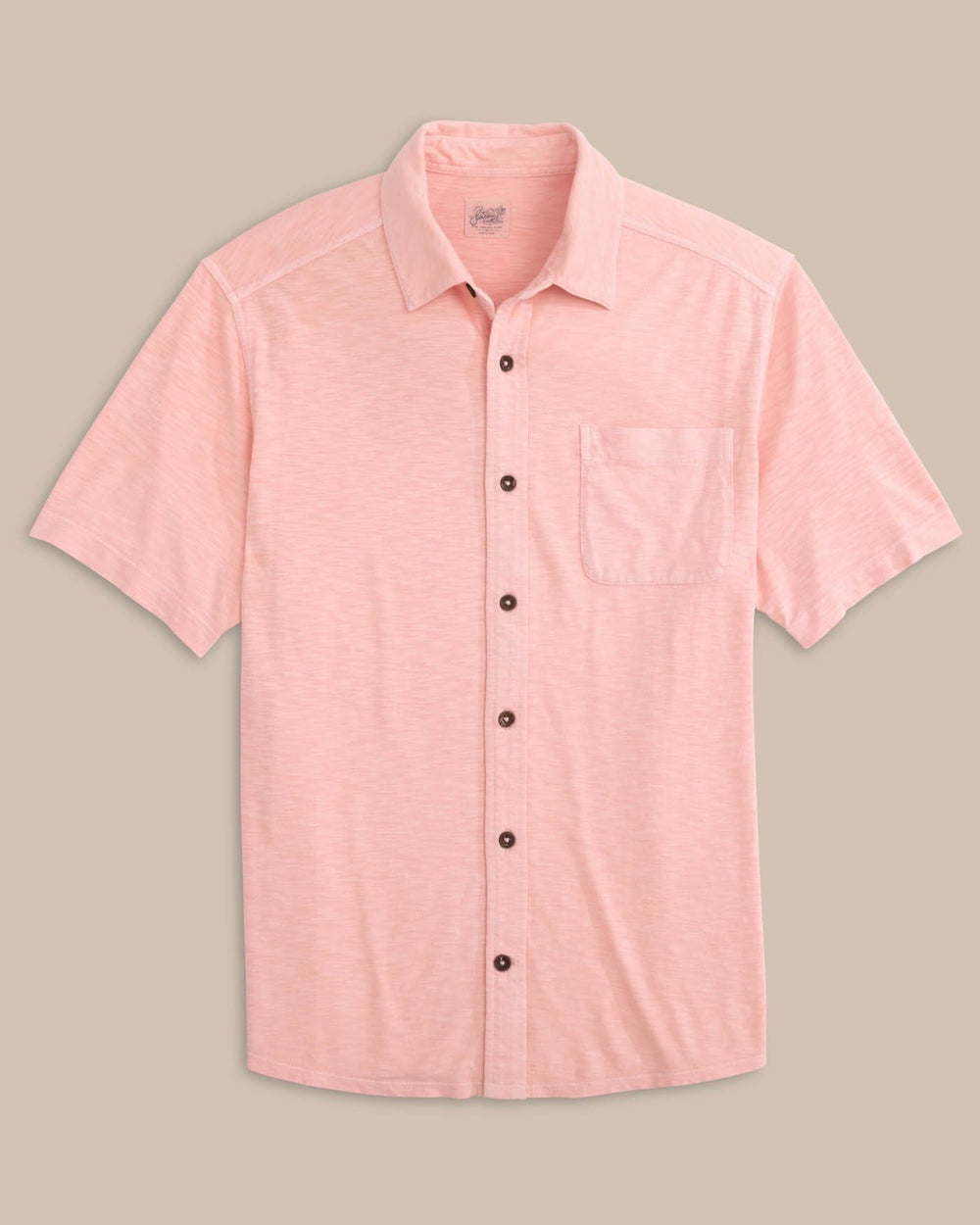 The front view of the Southern Tide Beachcast Solid Knit Short Sleeve Sport Shirt by Southern Tide - Pale Rosette Pink