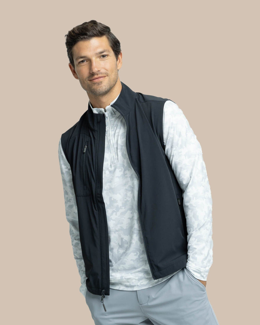 The front view of the Southern Tide Bowline Performance Vest by Southern Tide - Caviar Black