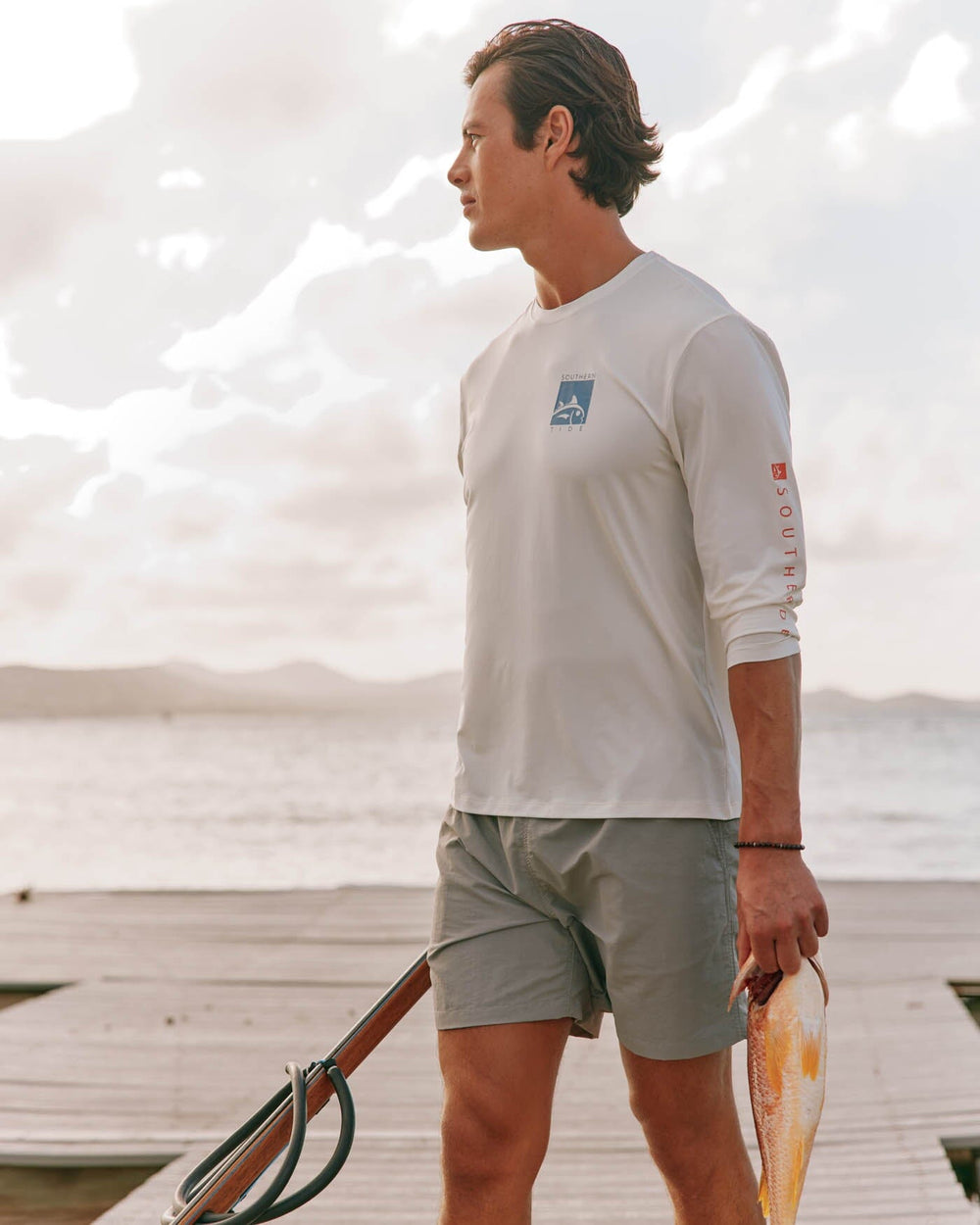 The front view of the Southern Tide Boxed Chest Performance Long Sleeve T-Shirt by Southern Tide - Sand White