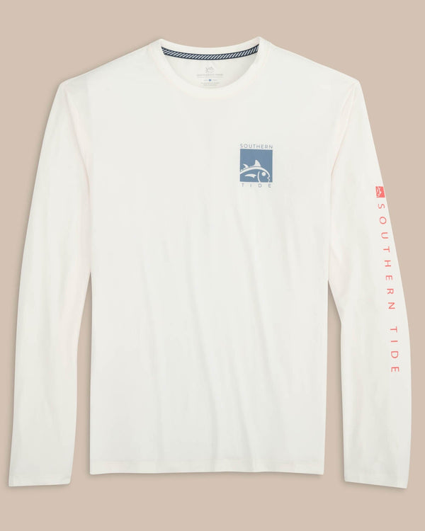 The front view of the Southern Tide Boxed Chest Performance Long Sleeve T-Shirt by Southern Tide - Sand White
