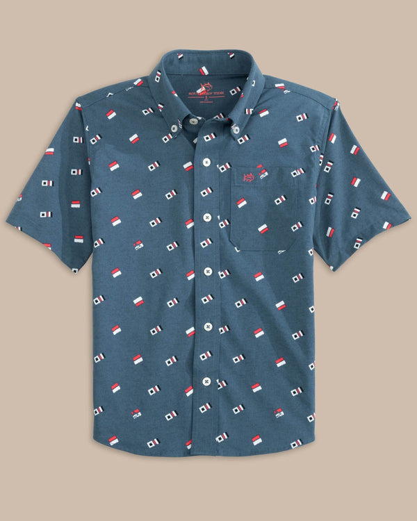 The front view of the Southern Tide Boy's Keep It Nautical Heather Intercoastal Short Sleeve Sport Shirt by Southern Tide - Heather Aged Denim
