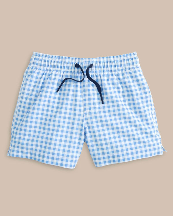 The front view of the Southern Tide Boys Baldwin Gingham Printed Swim Trunk by Southern Tide - Ocean Channel