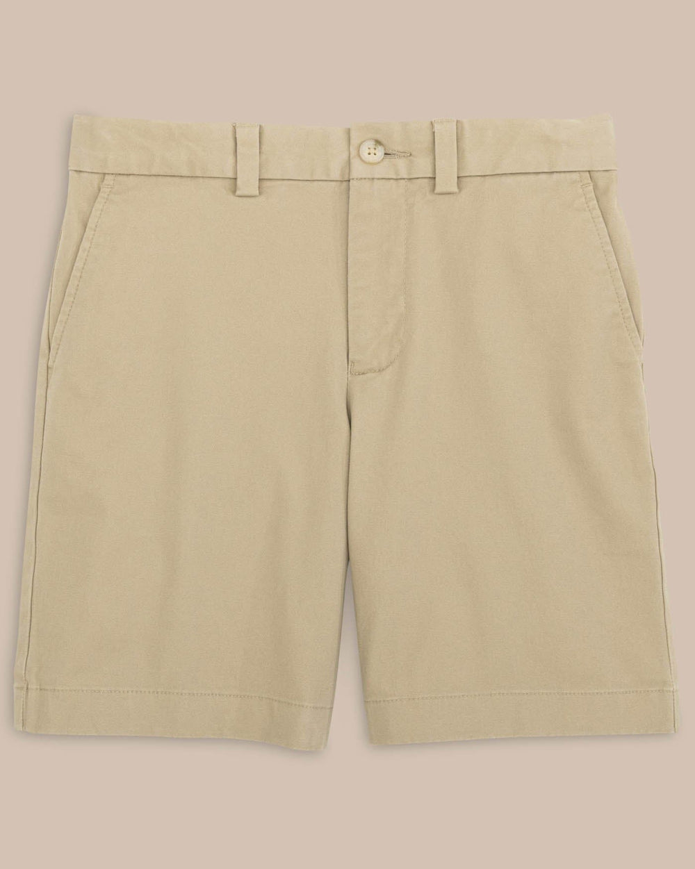 The front view of the Boys Channel Marker Short by Southern Tide - Sandstone Khaki