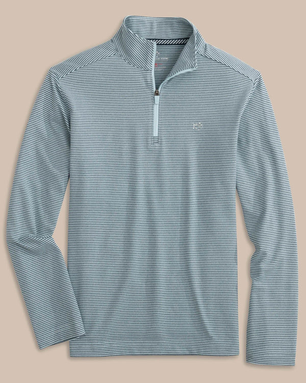 The front view of the Southern Tide Boys Cruiser Heather Micro-Stripe Quarter Zip Pullover by Southern Tide - Heather Dream Blue