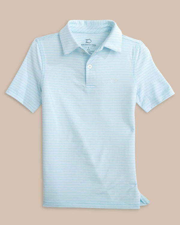 The front view of the Southern Tide Boys Driver Camden Stripe Performance Polo by Southern Tide - Dream Blue