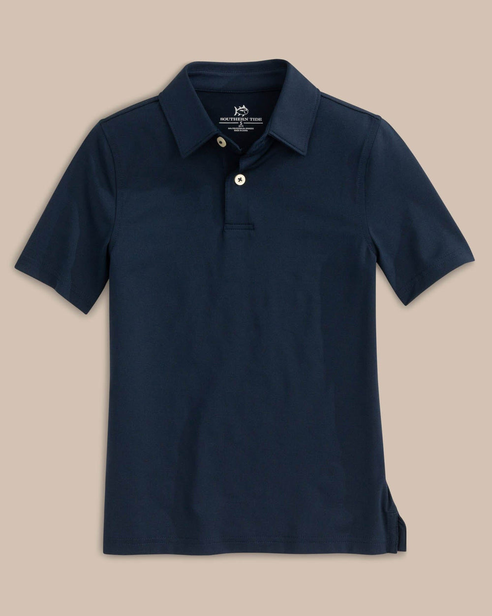 The front view of the Boys Driver Performance Polo Shirt by Southern Tide - True Navy