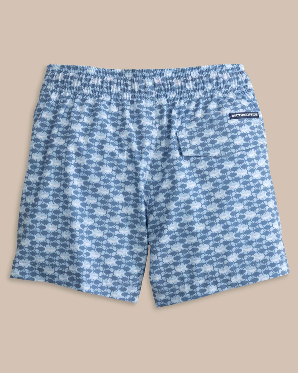 The back view of the Southern Tide Boys Heather Skipping Jacks Swim Trunk by Southern Tide - Heather Clearwater Blue