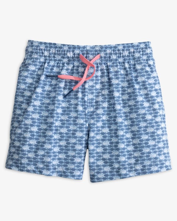 The front view of the Southern Tide Boys Heather Skipping Jacks Swim Trunk by Southern Tide - Heather Clearwater Blue