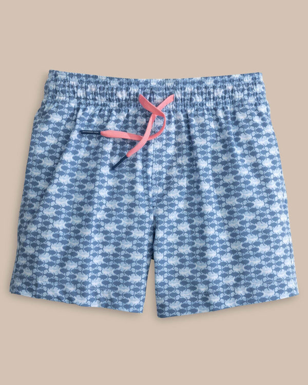 The front view of the Southern Tide Boys Heather Skipping Jacks Swim Trunk by Southern Tide - Heather Clearwater Blue