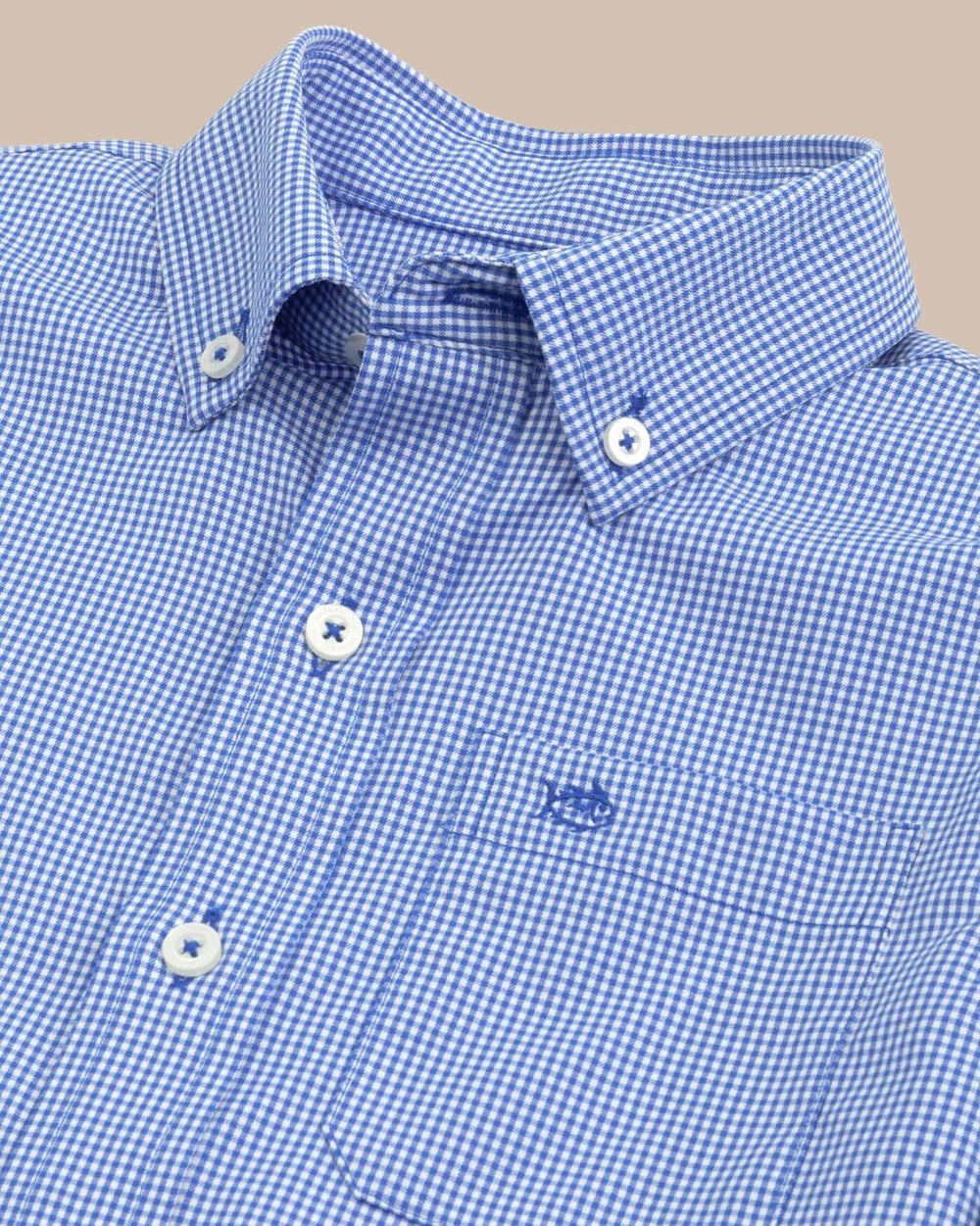 The detail view of the Southern Tide Boys mini gingham intercoastal buttn down shirt by Southern Tide - Cobalt Blue
