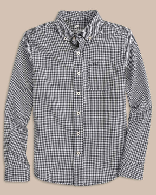 The front view of the Boys Mini Gingham Intercoastal Button Down Shirt by Southern Tide - True Navy