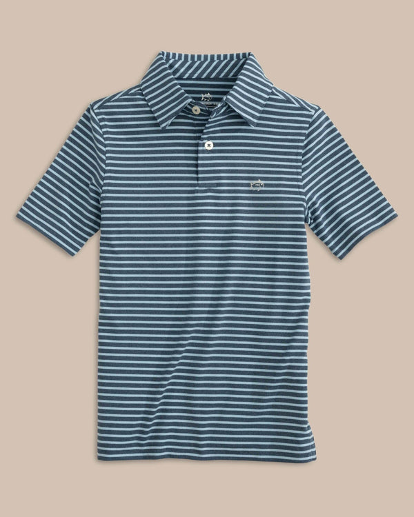 The front view of the Southern Tide Boys Ryder Heather Marin Stripe Performance Polo Shirt by Southern Tide - Heather Aged Denim