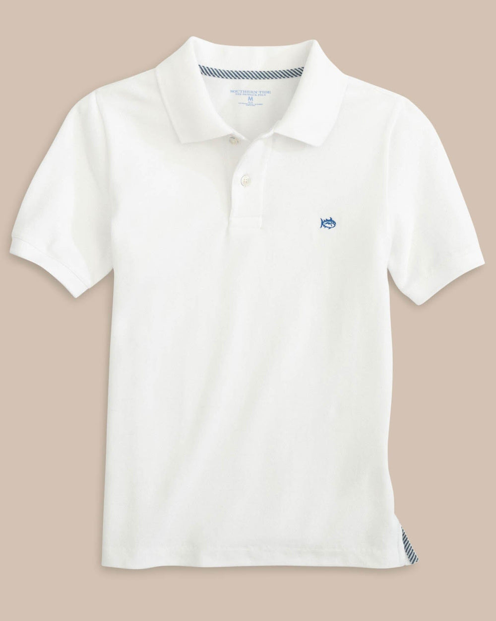 The front view of the Boys Skipjack Polo by Southern Tide - Classic White