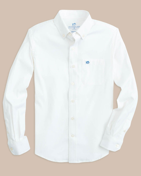 The flat front of the Boys Solid Intercoastal Button Down Shirt by Southern Tide - Classic White