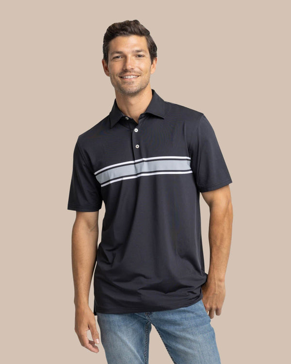 The front view of the Southern Tide Brenton Chest Stripe Performance Polo by Southern Tide - Black