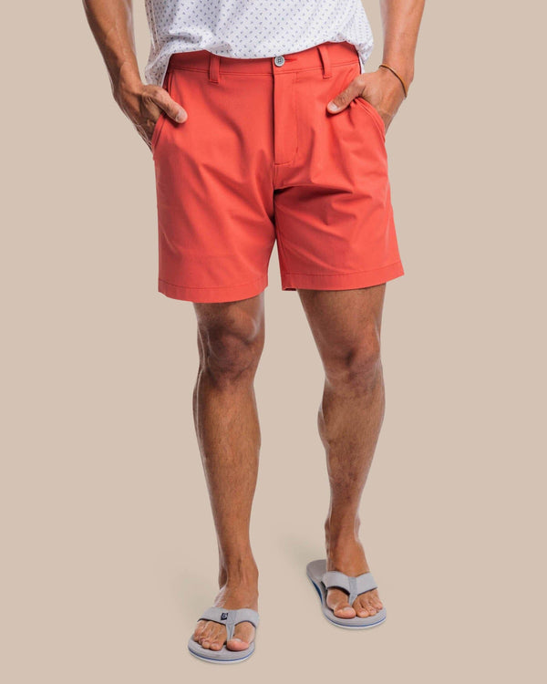 The front view of the Southern Tide brrr°®-die 8 Inch Performance Short by Southern Tide - Mineral Red