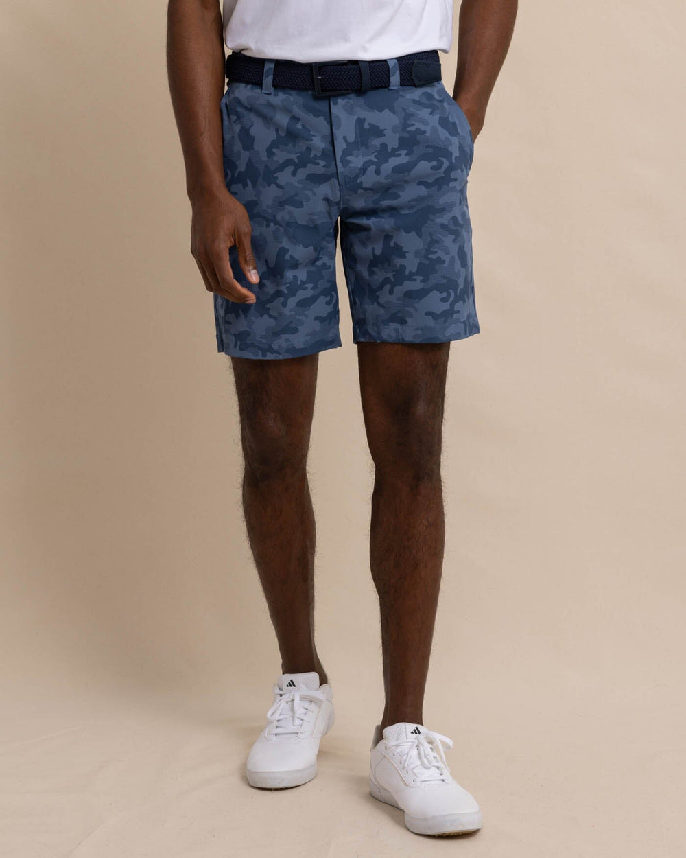 The front view of the Southern Tide brrr die Island Camo Printed Short by Southern Tide - Dark Seas